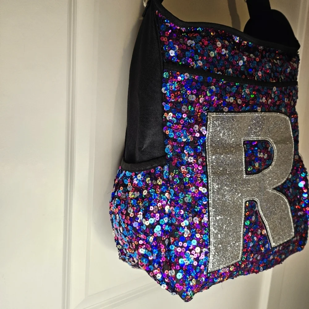 Justice Girls Black Messenger Bag Purple Silver Sequin Initial “R” Crossbody - Picture 5 of 16